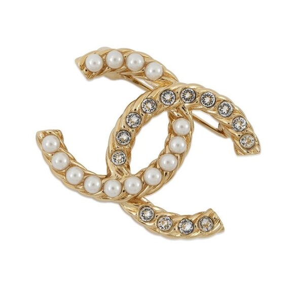 CHANEL CC Logo Brooch Metal/Rhinestone/Faux Pearl Gold - Picture 2 of 10